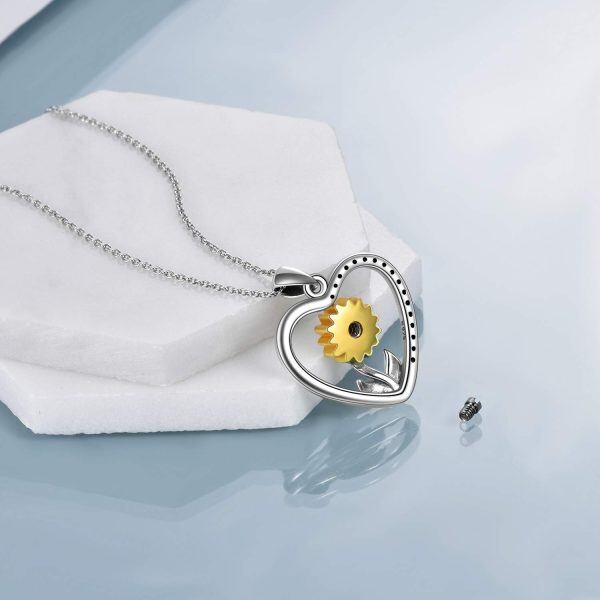 Sterling Silver Zircon Rhodium And Gold Plated Sunflower Heart Urn Necklace-2