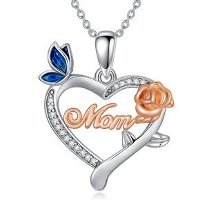 Sterling Silver Zircon Rhodium And Rose Gold Plated Mom Butterfly Necklace-0