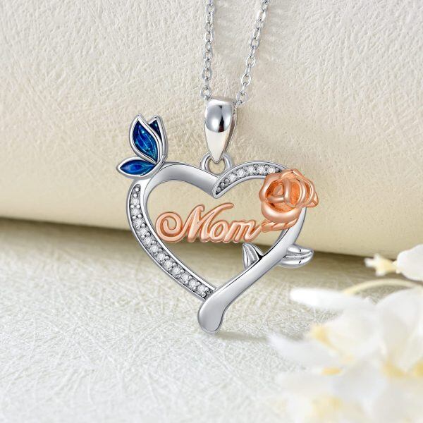 Sterling Silver Zircon Rhodium And Rose Gold Plated Mom Butterfly Necklace-1