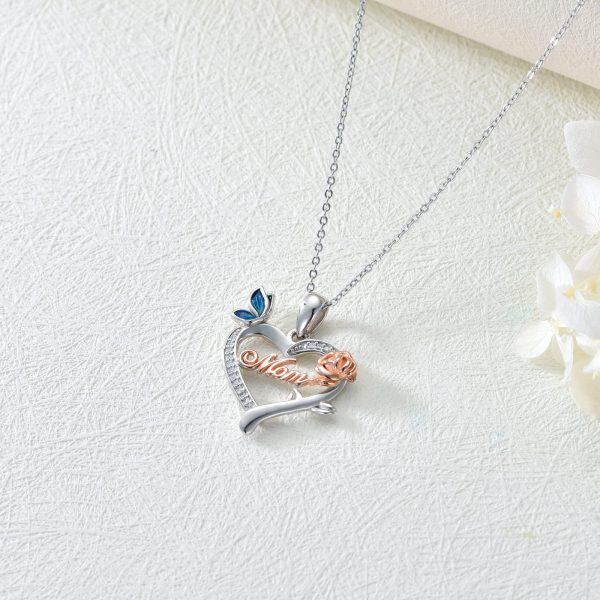 Sterling Silver Zircon Rhodium And Rose Gold Plated Mom Butterfly Necklace-2