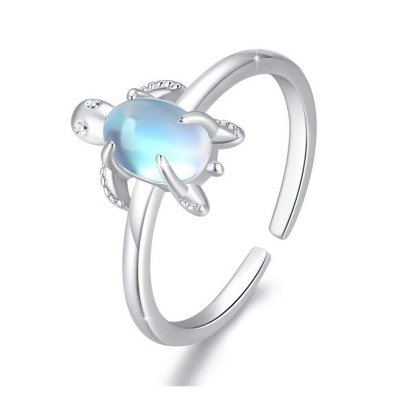 Sterling Silver Moonstone Rhodium Plated Turtle Rings-0