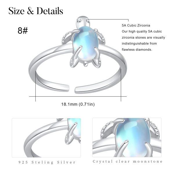 Sterling Silver Moonstone Rhodium Plated Turtle Rings-4