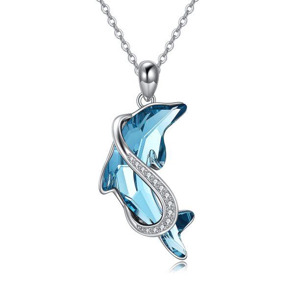 Sterling Silver Crystal Rhodium Plated Dolphin Pendant Necklace-0