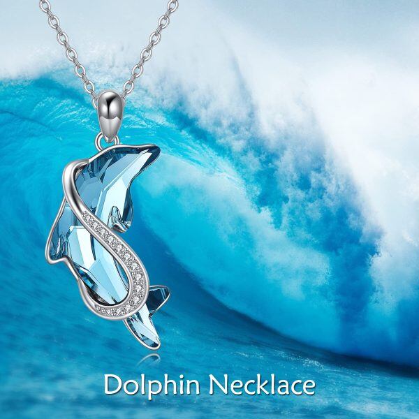 Sterling Silver Crystal Rhodium Plated Dolphin Pendant Necklace-4