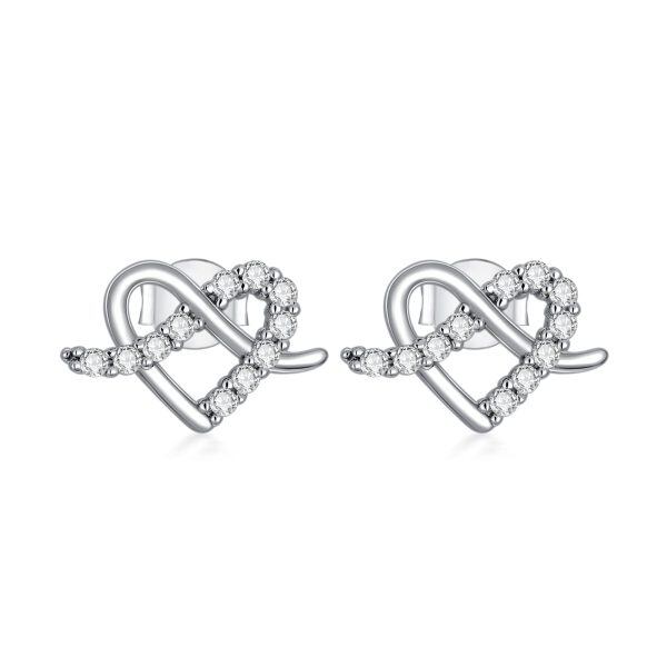 Sterling Silver Zircon Rhodium Plated Heart Stud Earrings-0