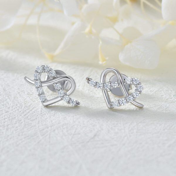 Sterling Silver Zircon Rhodium Plated Heart Stud Earrings-1