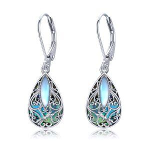 Sterling Silver Moonstone and Abalone Shell Silver Plated Dragonfly Filigree Dangle and Drop Earrings-0