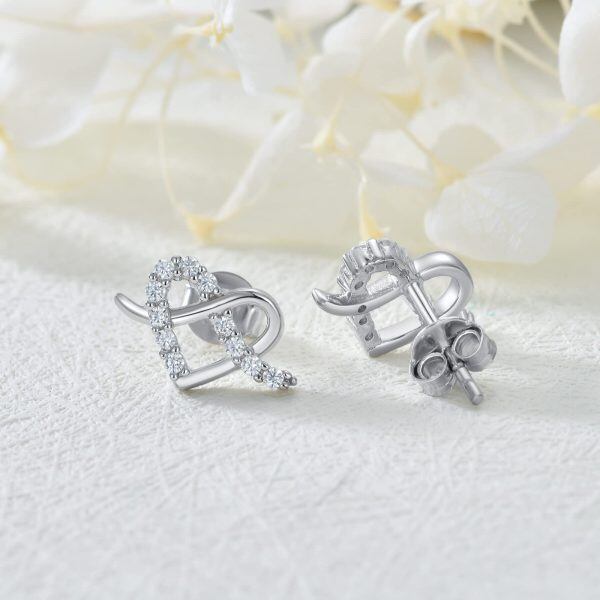 Sterling Silver Zircon Rhodium Plated Heart Stud Earrings-2