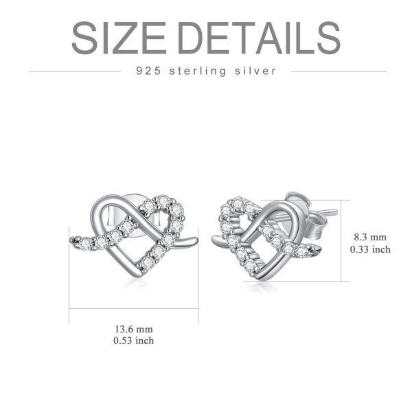 Sterling Silver Zircon Rhodium Plated Heart Stud Earrings-3