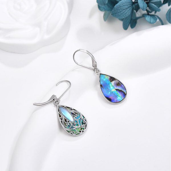 Sterling Silver Moonstone and Abalone Shell Silver Plated Dragonfly Filigree Dangle and Drop Earrings-2