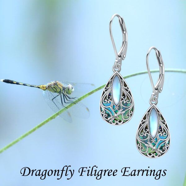 Sterling Silver Moonstone and Abalone Shell Silver Plated Dragonfly Filigree Dangle and Drop Earrings-5