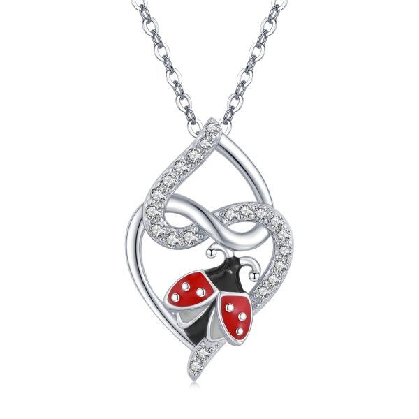 Sterling Silver Zircon Rhodium Plated Ladybug Necklace-0