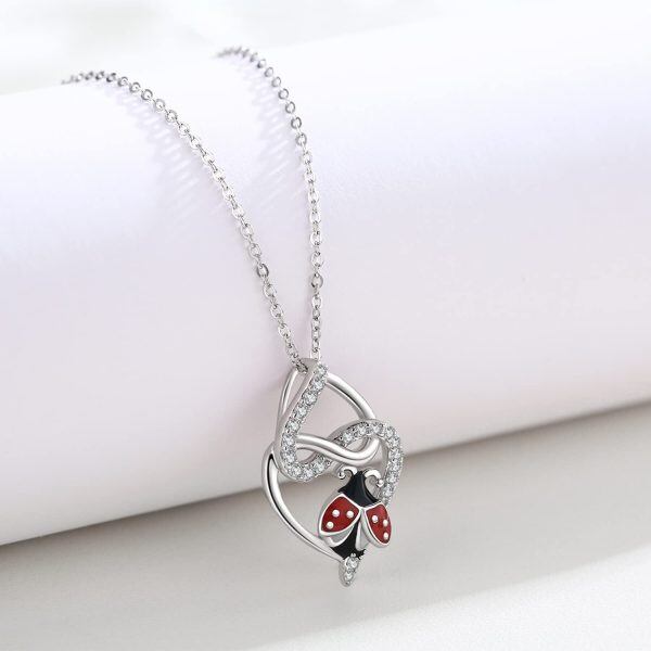 Sterling Silver Zircon Rhodium Plated Ladybug Necklace-1