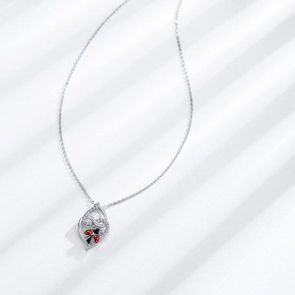 Sterling Silver Zircon Rhodium Plated Ladybug Necklace-2