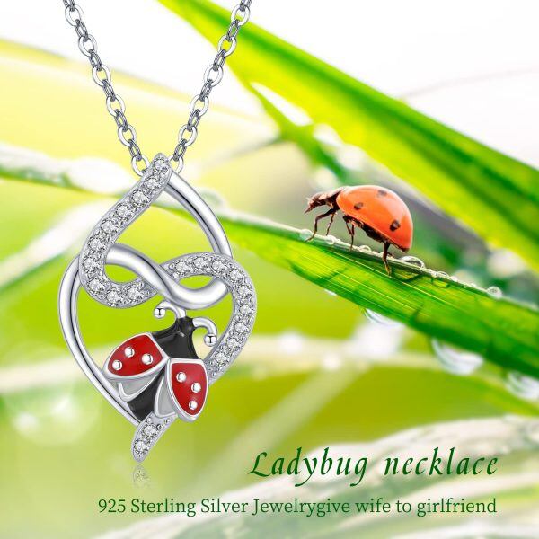 Sterling Silver Zircon Rhodium Plated Ladybug Necklace-4