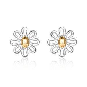 Sterling Silver Two Tone Color Daisy Stud Earrings-0