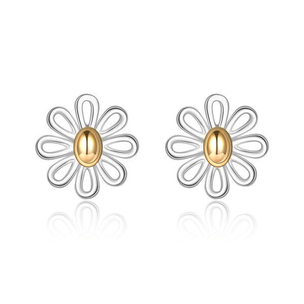 Sterling Silver Two Tone Color Daisy Stud Earrings-0