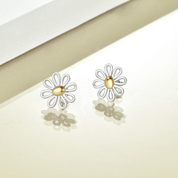 Sterling Silver Two Tone Color Daisy Stud Earrings-3