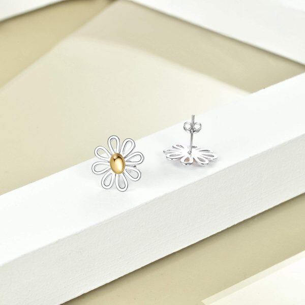 Sterling Silver Two Tone Color Daisy Stud Earrings-4