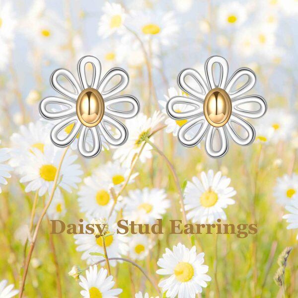 Sterling Silver Two Tone Color Daisy Stud Earrings-5