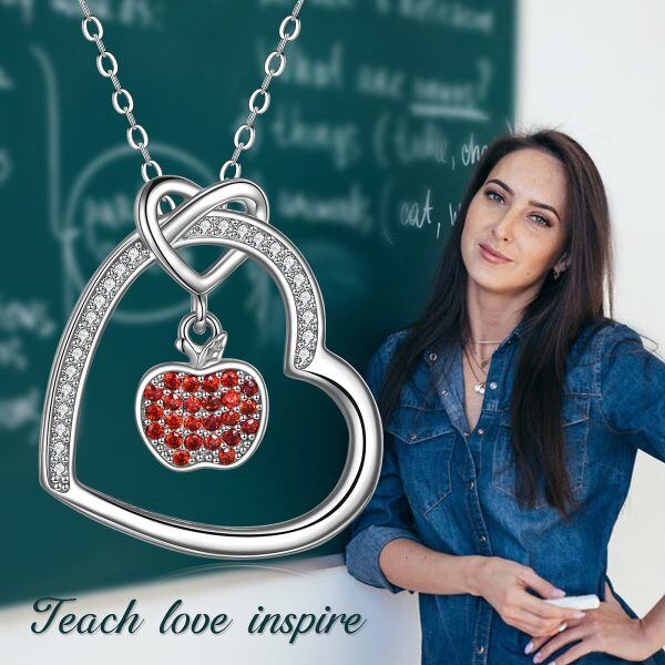 Sterling Silver Zircon Silver Plated Apple Teach Love Inspire Pendent Necklace -5