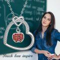 wholesale 925 Sterling Silver Heart with Red Crystal Apple Pendant Necklace - Teacher Gift for Women's Fashion Jewelry-0-5
