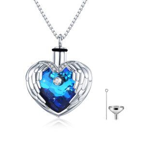 Sterling Silver Crystal Silver Plated Angel Wings Heart Urn Necklace-0