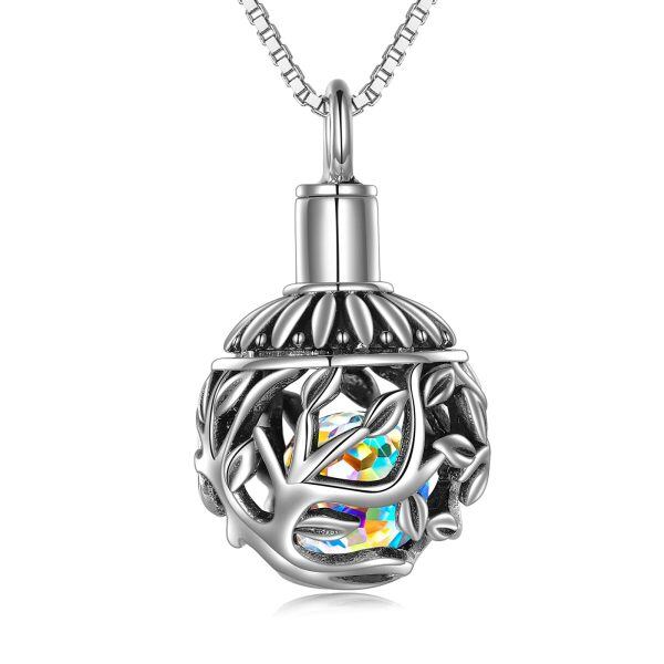 Sterling Silver Oxidized Tree of Life With Aurora Borealis Crystal Pendant Necklace -0