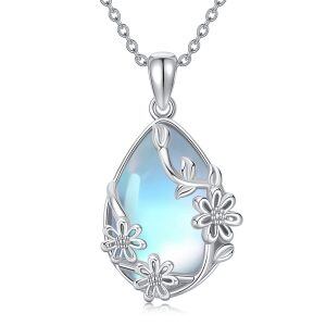 Sterling Silver Moonstone Silver Plated Crescent Moon and Star Pendant Necklace-0