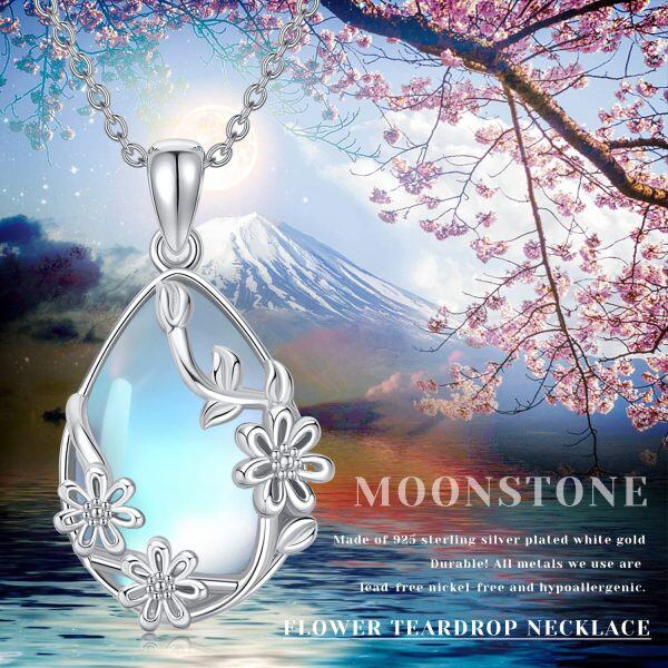 Sterling Silver Moonstone Silver Plated Crescent Moon and Star Pendant Necklace-6