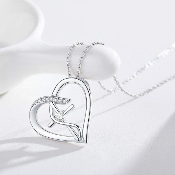 Sterling Silver Zircon Silver Plated Heart Cross Pendant Necklace-1