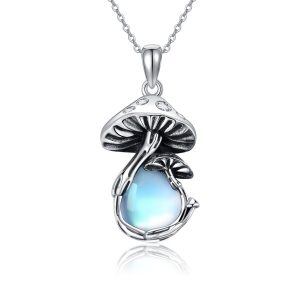 Sterling Silver Moonstone Oxidized Mushroom Pendant Necklace-0