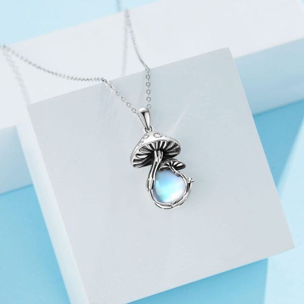 Sterling Silver Moonstone Oxidized Mushroom Pendant Necklace-3