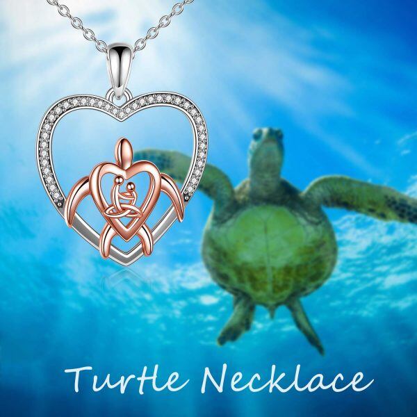 Sterling Silver Zircon Two Tone Color Celtic Knot Turtle Pendant Necklace -5