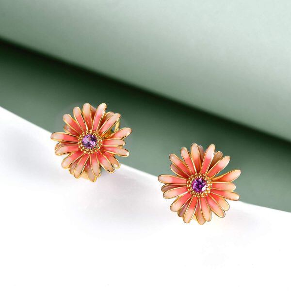 Sterling Silver Zircon Glod Plated Daisy Flower Huggies Earrings-4