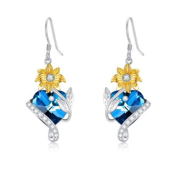 Sterling Silver Crystal Rhodium And Gold Plated Sunflower Earrings-0