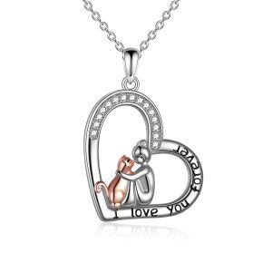 Sterling Silver Zircon Rhodium And Rose Gold Plated Cat And Girl Necklace-0