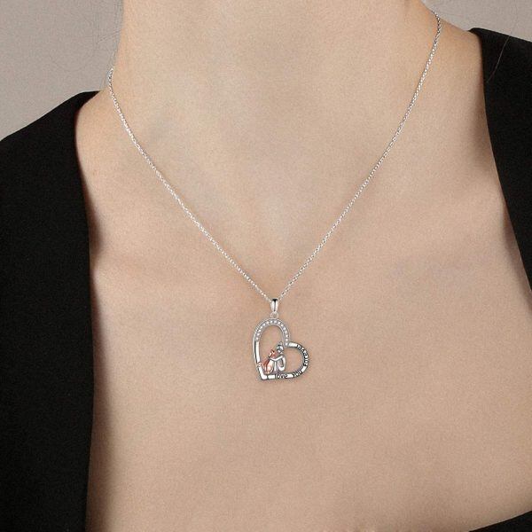 Sterling Silver Zircon Rhodium And Rose Gold Plated Cat And Girl Necklace-1