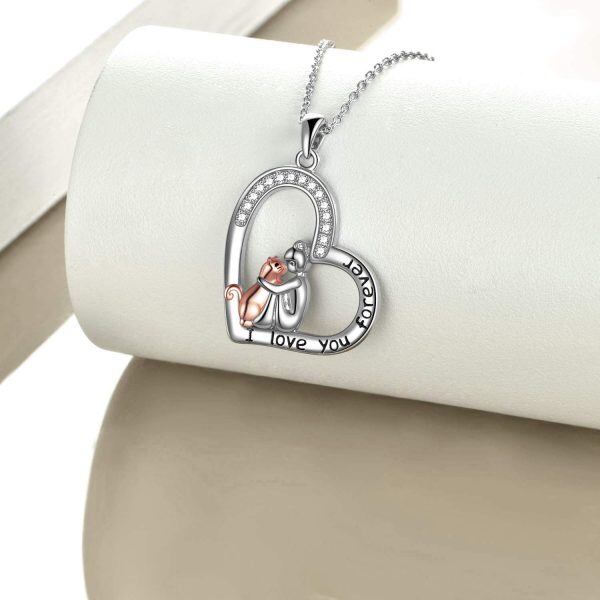 Sterling Silver Zircon Rhodium And Rose Gold Plated Cat And Girl Necklace-2