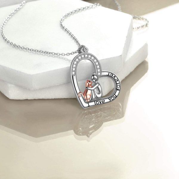 Sterling Silver Zircon Rhodium And Rose Gold Plated Cat And Girl Necklace-3