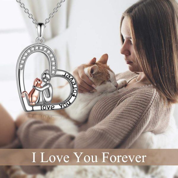 Sterling Silver Zircon Rhodium And Rose Gold Plated Cat And Girl Necklace-5