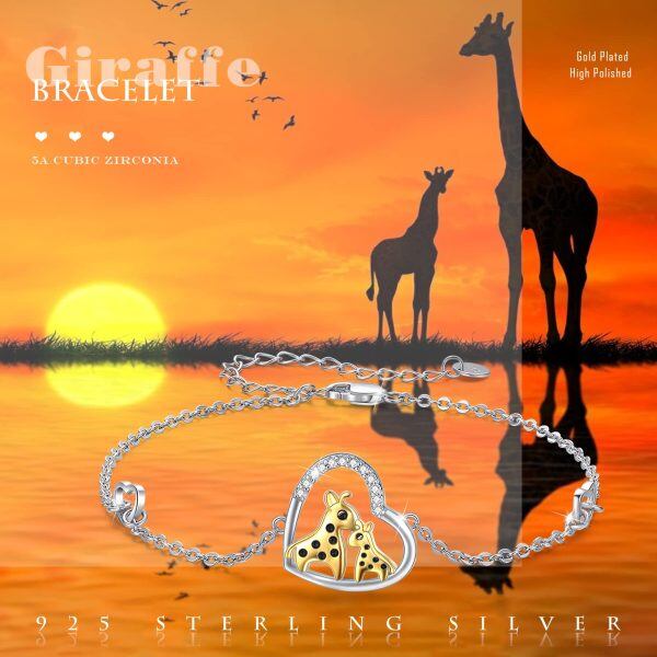 Sterling Silver Zircon Rhodium And Gold Plated Giraffe Bracelet-5