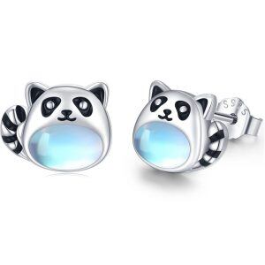 Sterling Silver Moonstone Rhodium Plated Raccoon Earrings-0