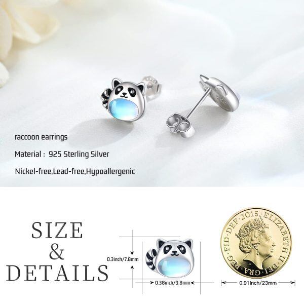 Sterling Silver Moonstone Rhodium Plated Raccoon Earrings-5