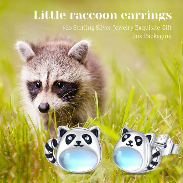 Sterling Silver Moonstone Rhodium Plated Raccoon Earrings-6