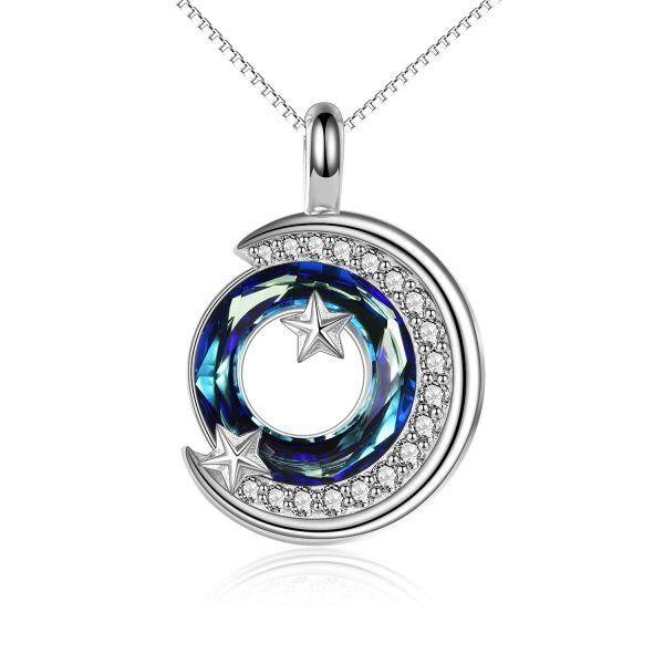 Sterling Silver Crystal Rhodium Plated Moon And Star Necklace-0