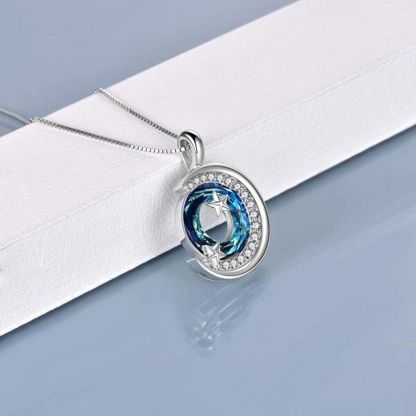 Sterling Silver Crystal Rhodium Plated Moon And Star Necklace-1