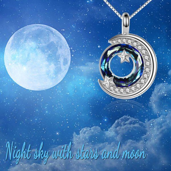 Sterling Silver Crystal Rhodium Plated Moon And Star Necklace-4