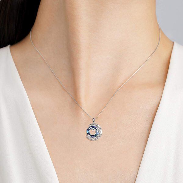 Sterling Silver Crystal Rhodium Plated Moon And Star Necklace-5