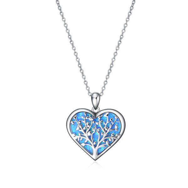 Sterling Silver Opal Rhodium Plated Tree Of Life Heart Necklace-0